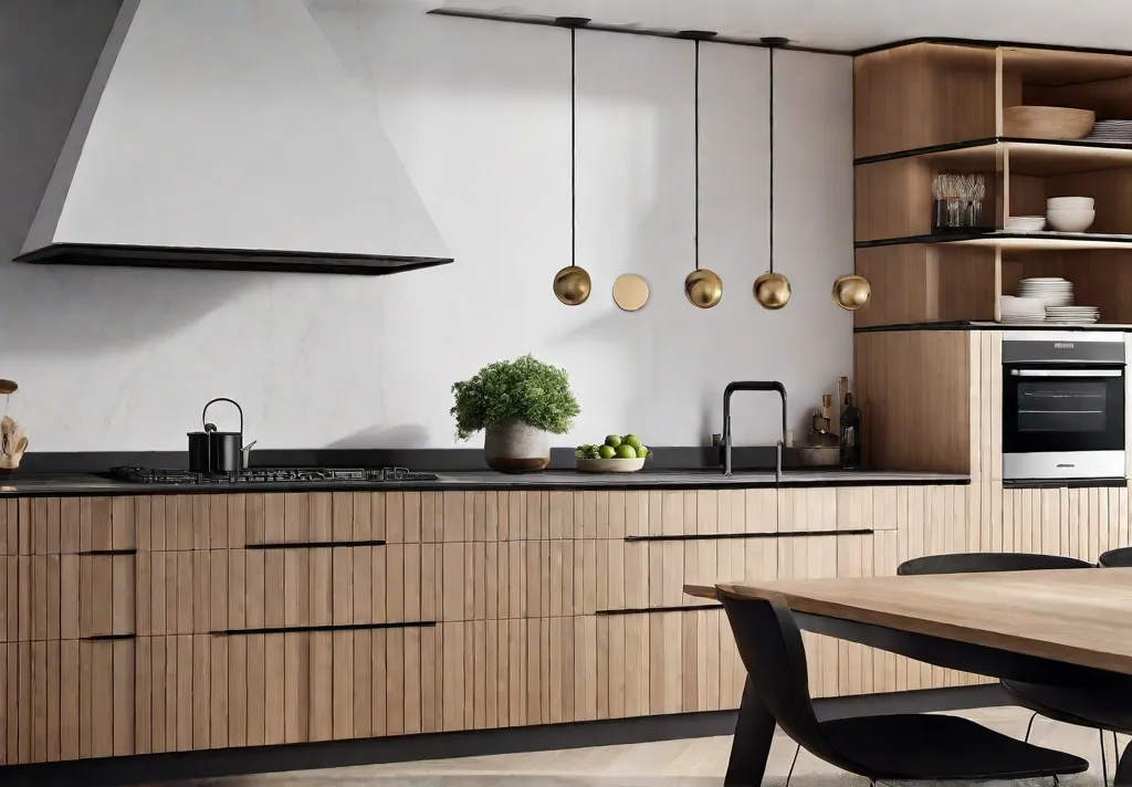 Dynamic angle showing matte black cabinet pulls on a light wood kitchen