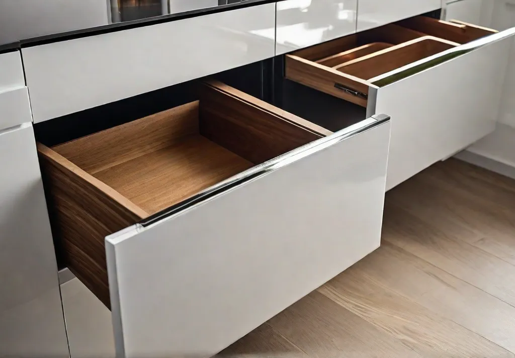 Flush mount handles on a highgloss cabinet illustrating how they sit perfectly