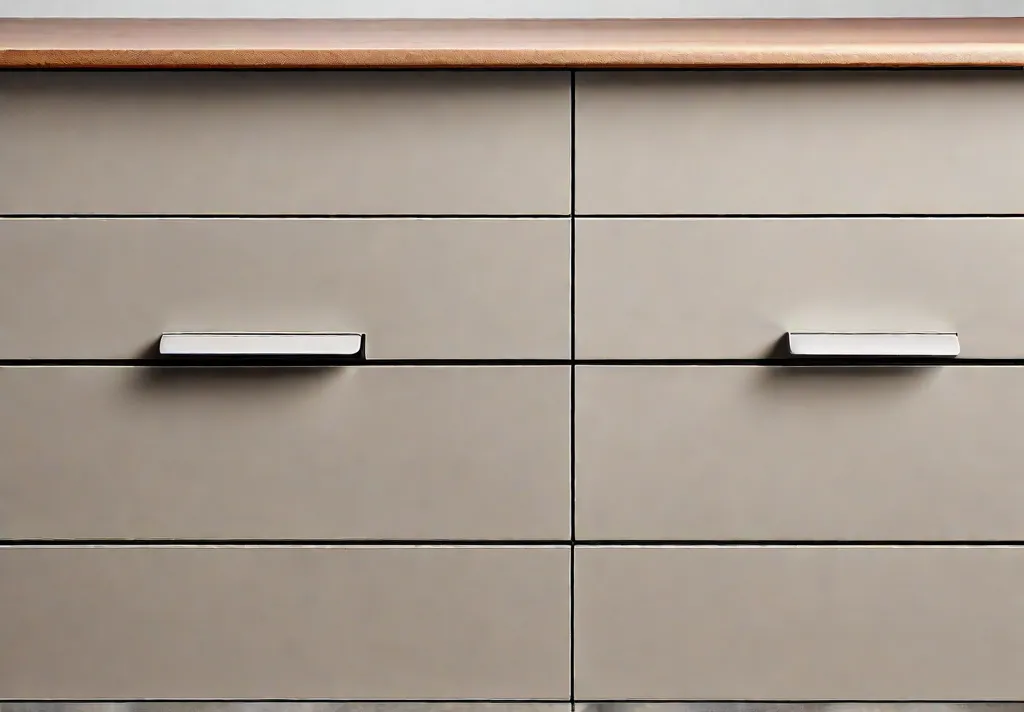 Handcrafted leather pulls attached to minimalist kitchen drawers emphasizing the unique texture