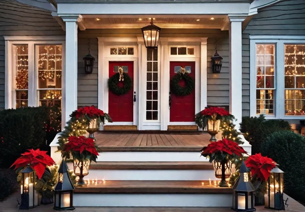 A front porch decked out in festive holiday lights