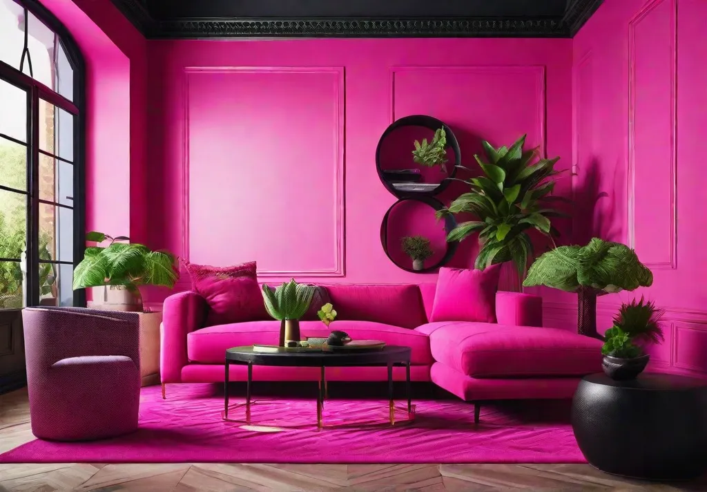 Hot pink walls in a playful and vibrant living room