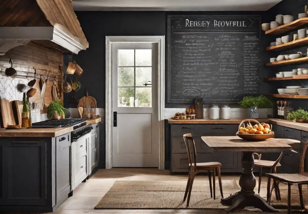 Image of a cozy kitchen featuring a large chalkboard wall filled with handwritten recipes