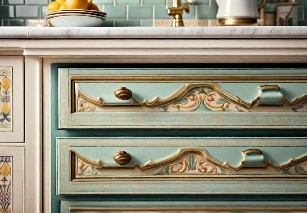 Image of vintagestyled kitchen drawers featuring brass classic pulls surrounded by pastelcolored