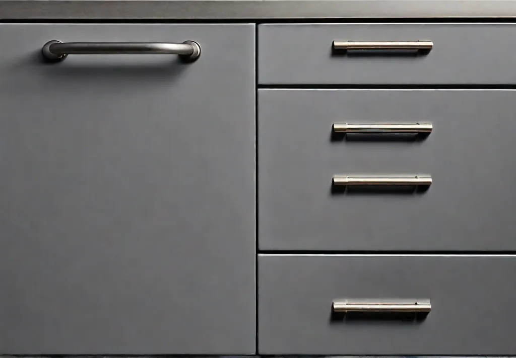 Industrial style pulls and knobs on a steel gray cabinet highlighting the