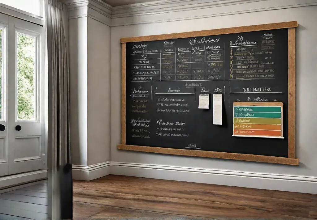 Interactive family kitchen wall featuring a chalkboard section for marking heights and leaving messages