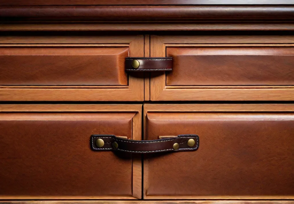 Leather pulls attached to a light wooden drawer showing detailed stitching and