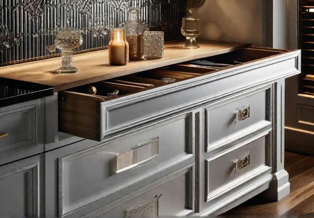 Luxurious kitchen drawer adorned with a crystal knob reflecting light and adding