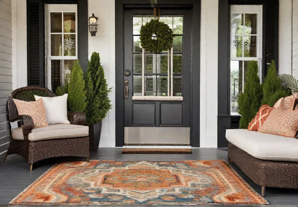 Outdoor Rug Coziness A patterned outdoor rug placed under a set of wicker furniture