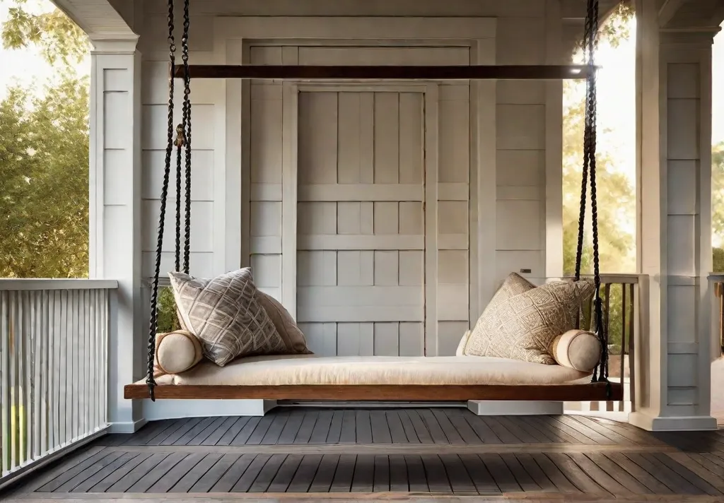 **Porch Swing Serenity:** A wooden porch swing adorned with plush