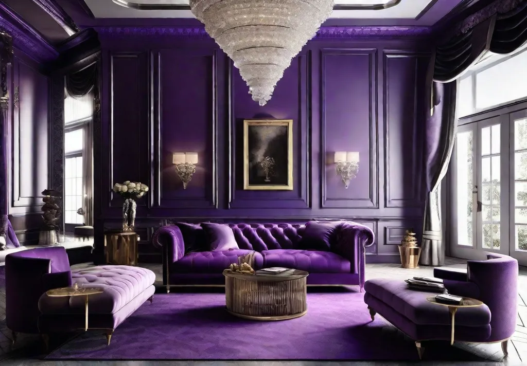 Royal purple walls enveloping a spacious living room