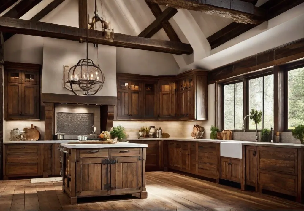 Rustic kitchen setting featuring a cabinet with wrought iron knobs against a