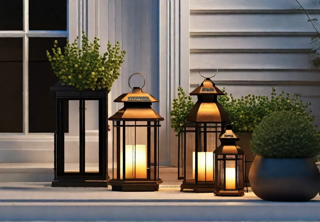 Solar lanterns of various styles and sizes placed around a front porch