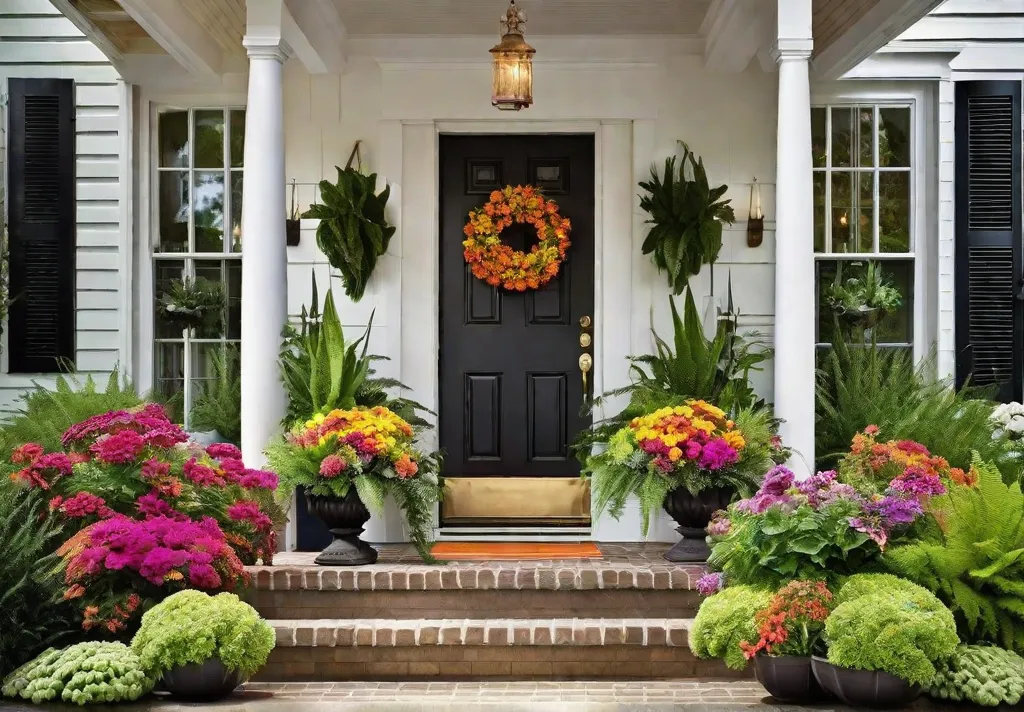 Summer Porch Plants Potted ferns and brightly colored summer flowers arranged around a front porch