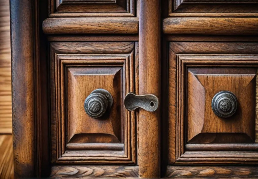 Textured shot of a weathered wood cabinet pull that merges naturally with