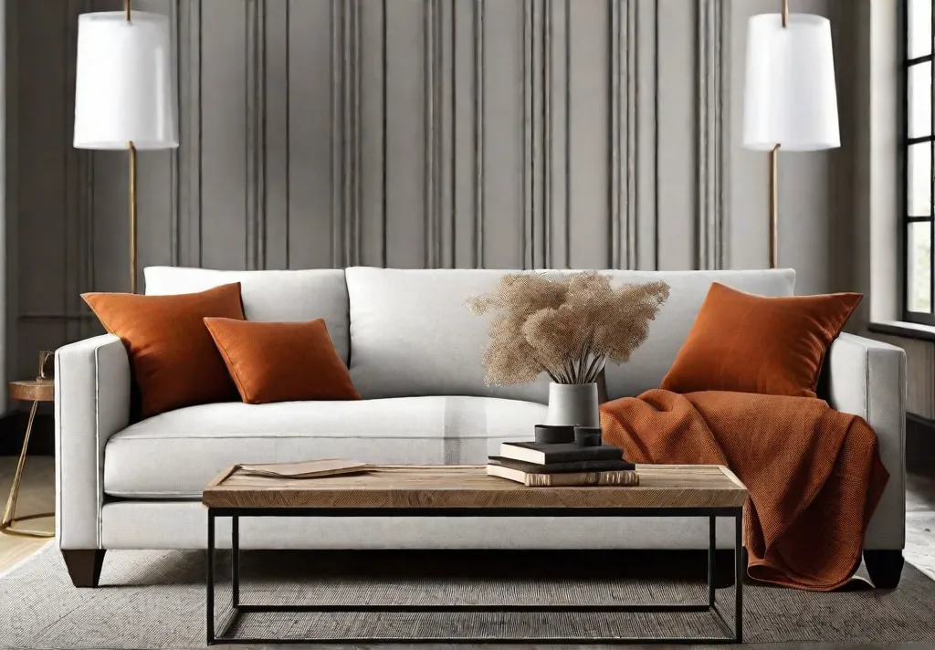 Vibrant burnt orange throw pillows on a neutral toned sofa