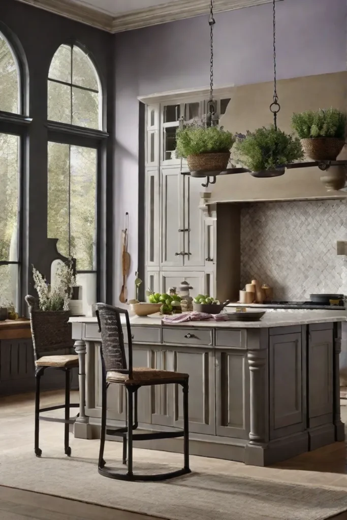 A French country kitchen vignette featuring a wrought iron pot rack hanging