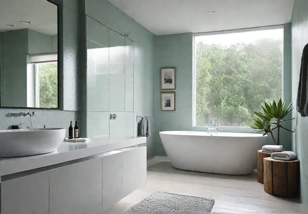 A bathroom with freshly painted walls in a light neutral colorfeat