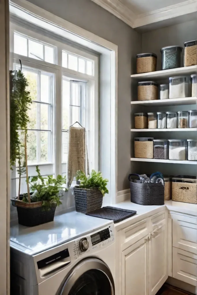 A beautifully organized laundry room filled with clear containers on shelves making_resized