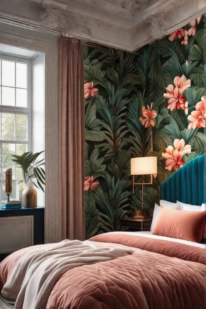 A bedroom accent wall covered in vibrant tropicalpatterned wallpaper complemented by subdued