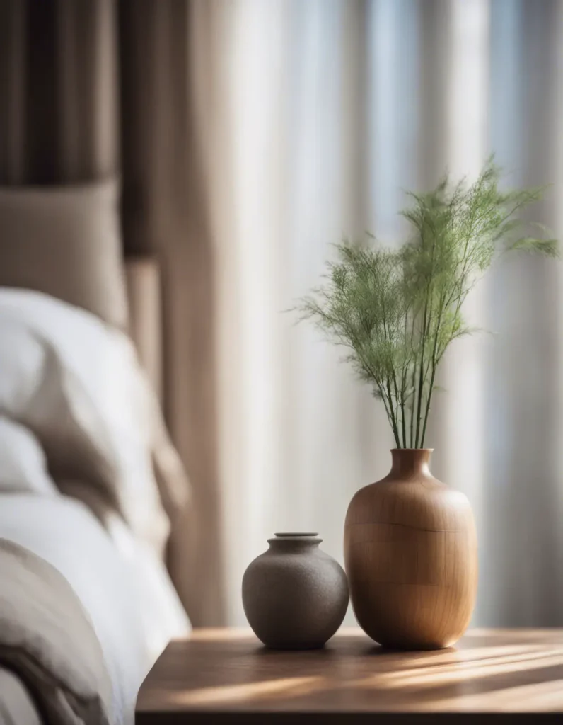 A bedroom featuring a bamboo nightstand a stone vase