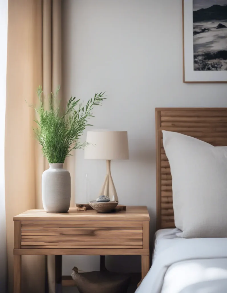 A bedroom featuring a bamboo nightstand a stone vase and linen curtains