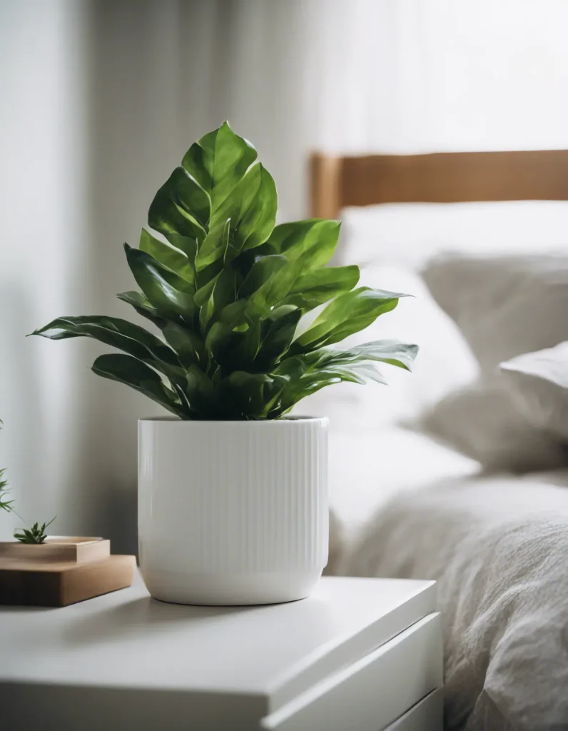 A bedroom with A vibrant indoor plant in a sleek white ceramic planter positioned in a well lit cor
