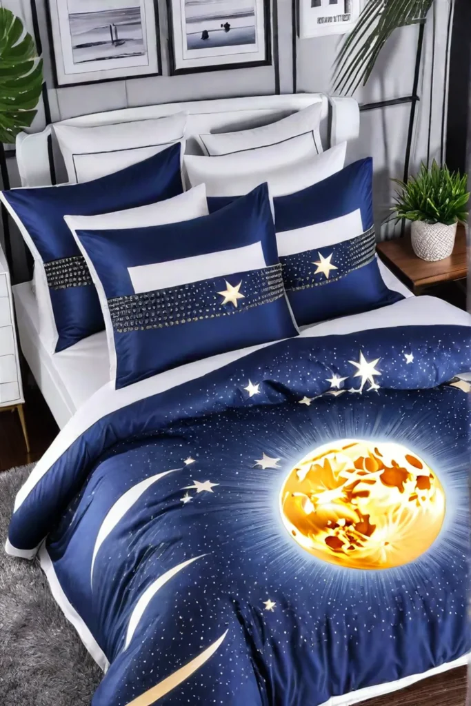 A bedroom with a bed adorned in a striking moon and starsthemed