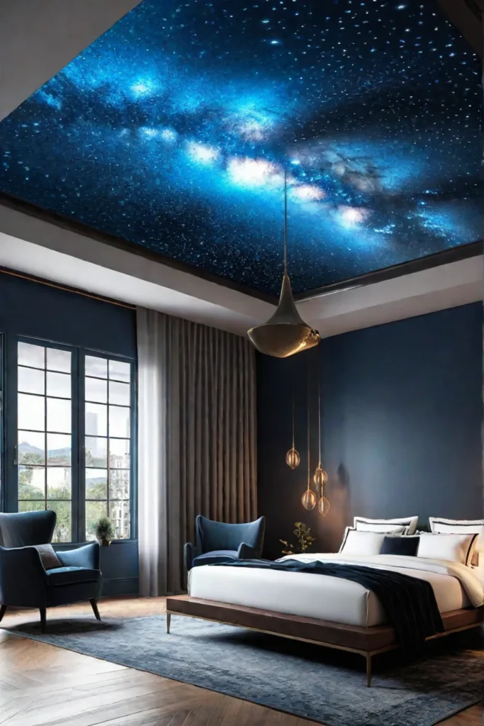 A bedroom with a breathtaking backlit celestial mural on the ceiling casting