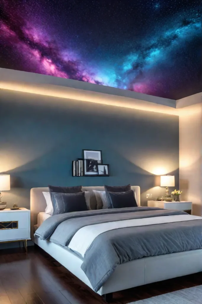 A bedroom with a breathtaking galaxyinspired accent wall showcasing a mural of
