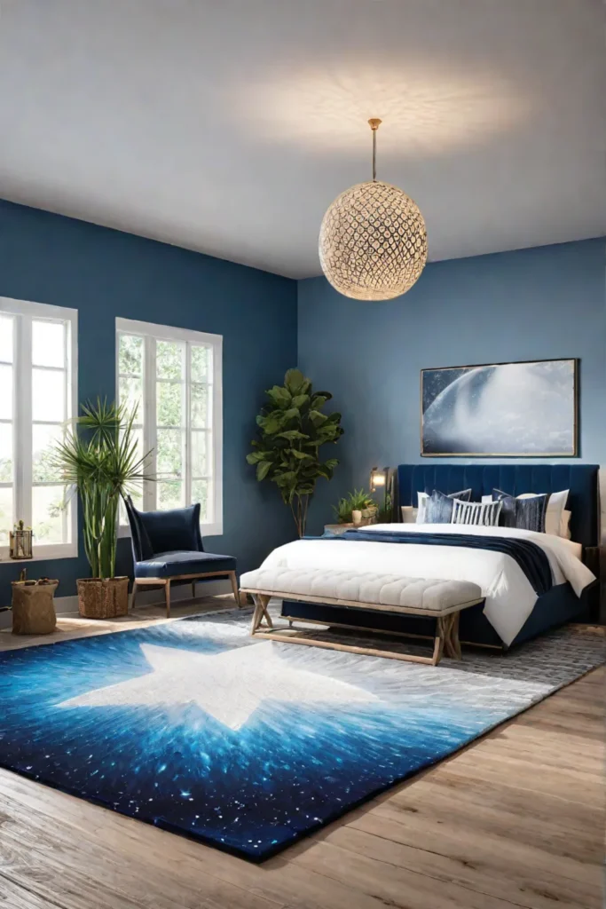 A bedroom with a cosmicinspired design that incorporates sustainable and ecofriendly materials
