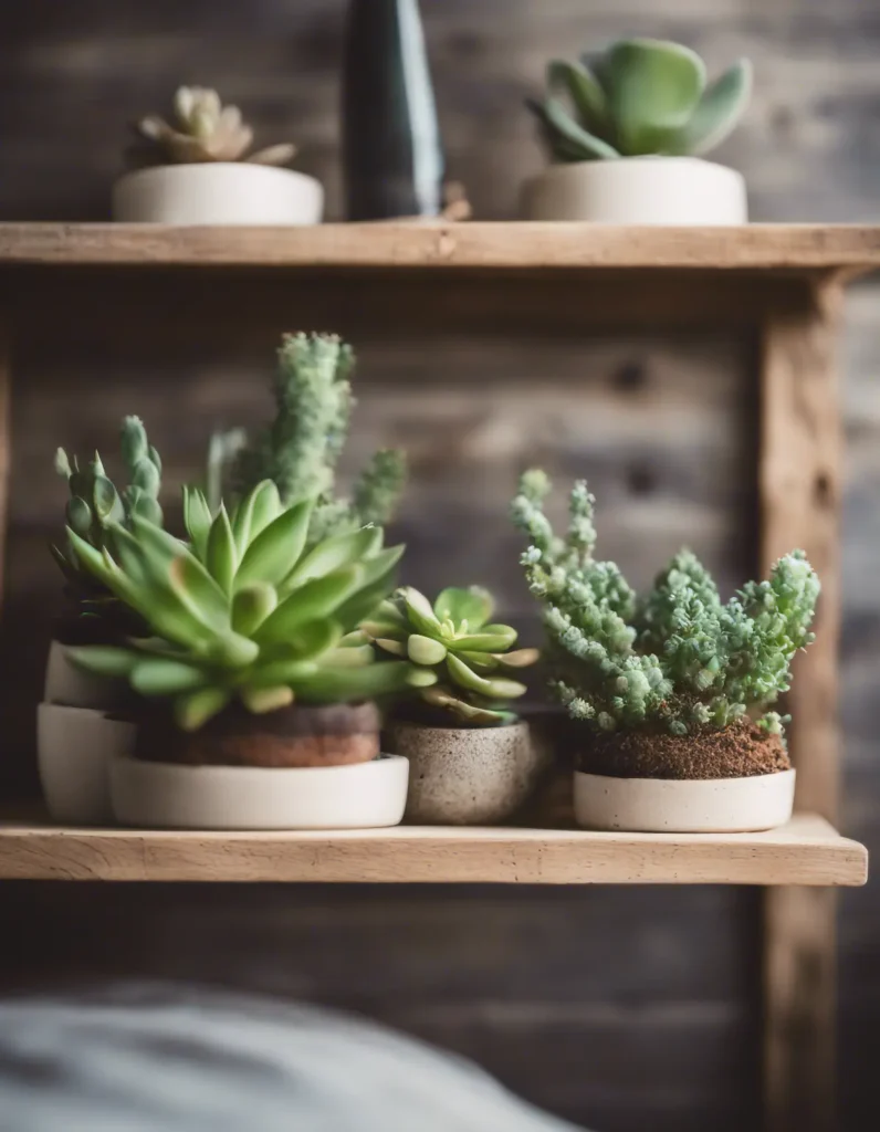 A bedroom with a series of small potted succulents on a floating shelf made of reclaimed wood int