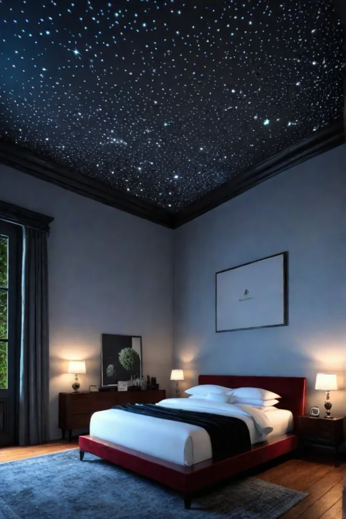A bedroom with a star projector casting a dazzling array of stars