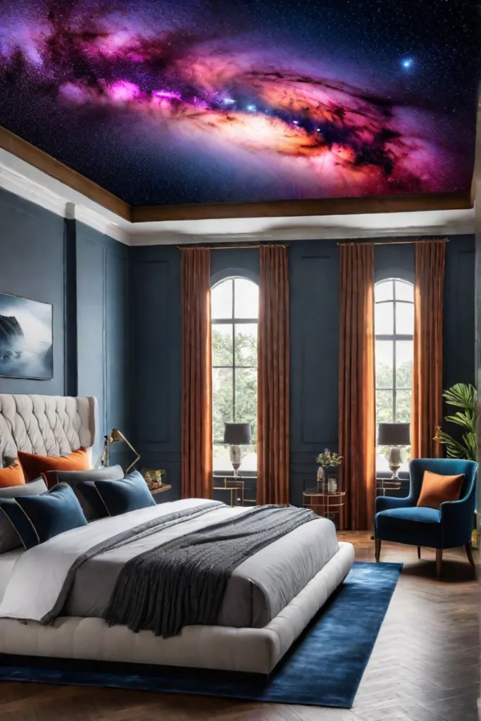 A bedroom with a stunning wall and ceiling mural showcasing a captivating
