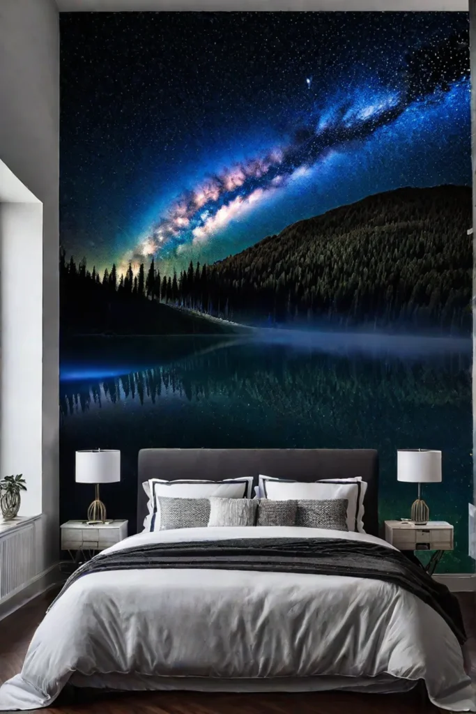A bedroom with a stunning wall mural showcasing the Milky Way galaxy