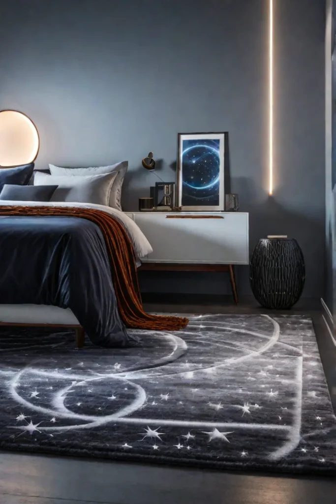 A bedroom with a variety of cosmicthemed accessories including a side table