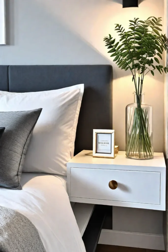 A bedroom with minimalist ethereal nightstands that complement the serene calming atmosphere