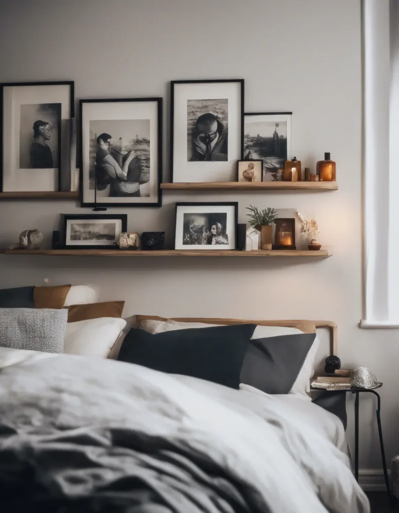 A bedroom with pair of floating shelves on one wall displaying a carefully curated collection of de 1