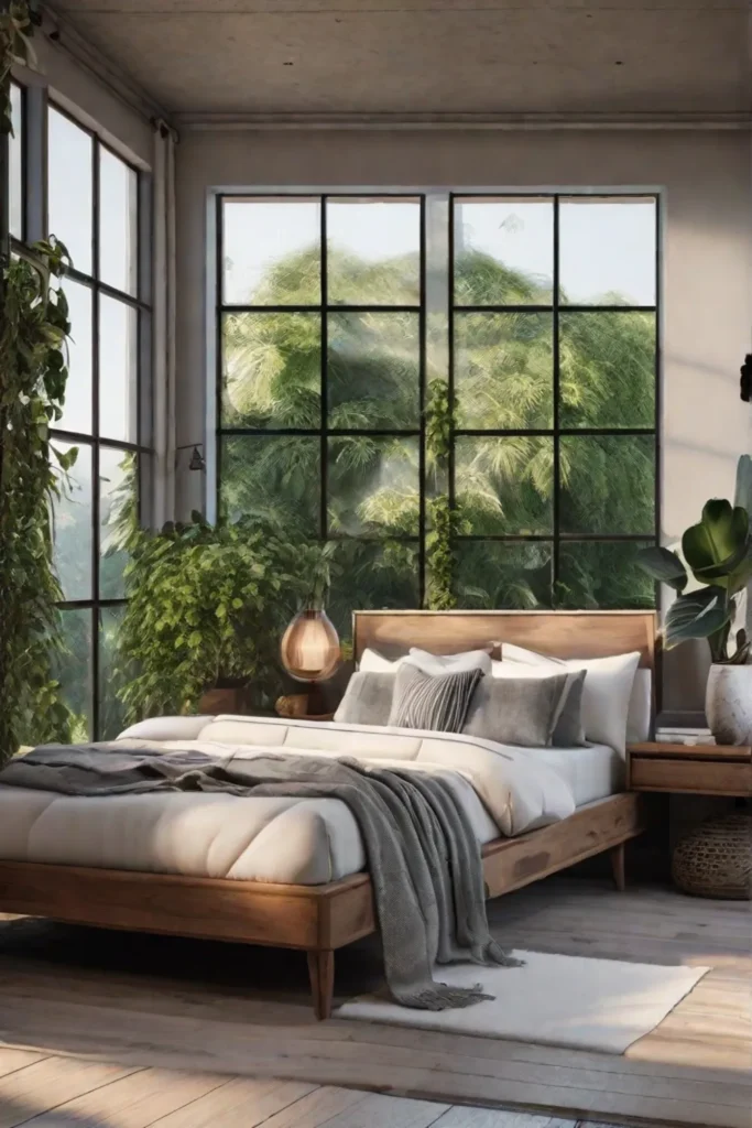 A bright airy bedroom filled with a variety of potted plants placed