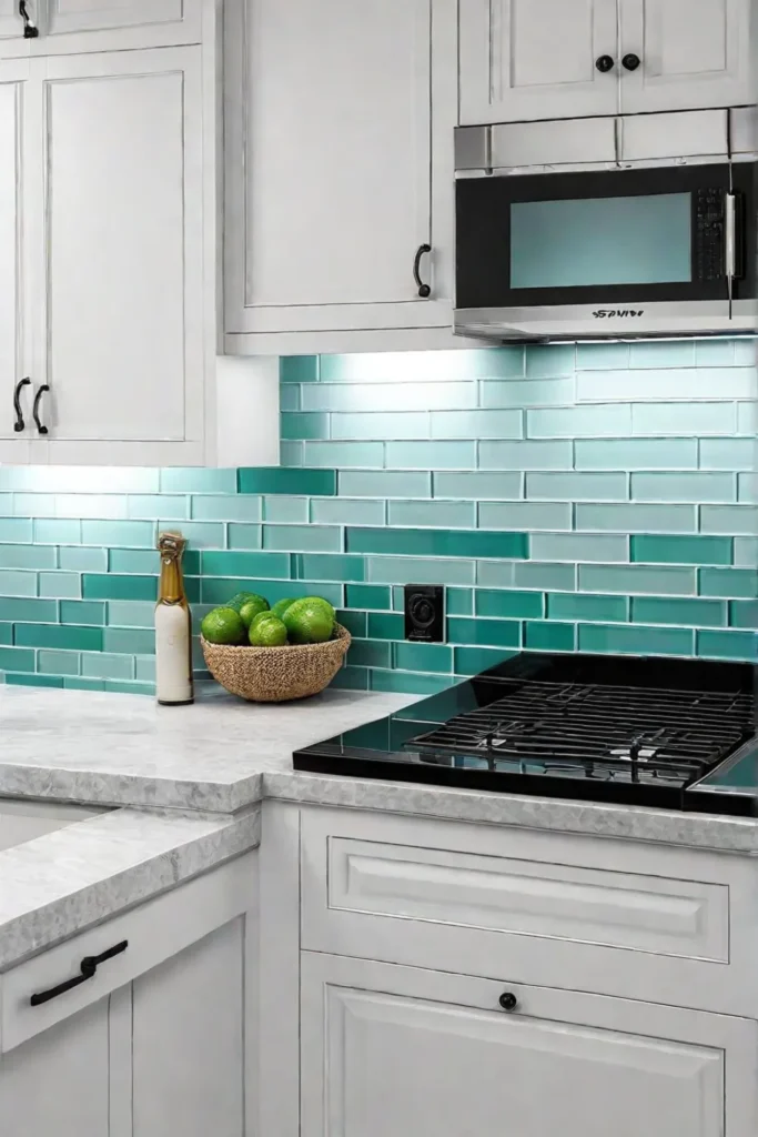 A bright airy coastal kitchen with a backsplash of subway tiles in