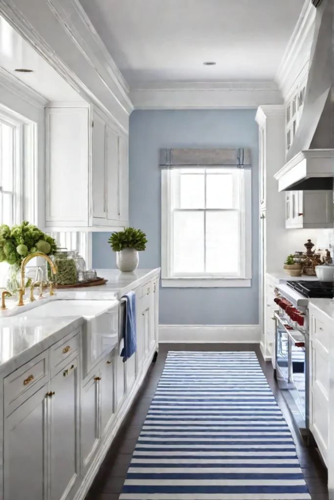 A bright and airy coastal kitchen with crisp white cabinets and a