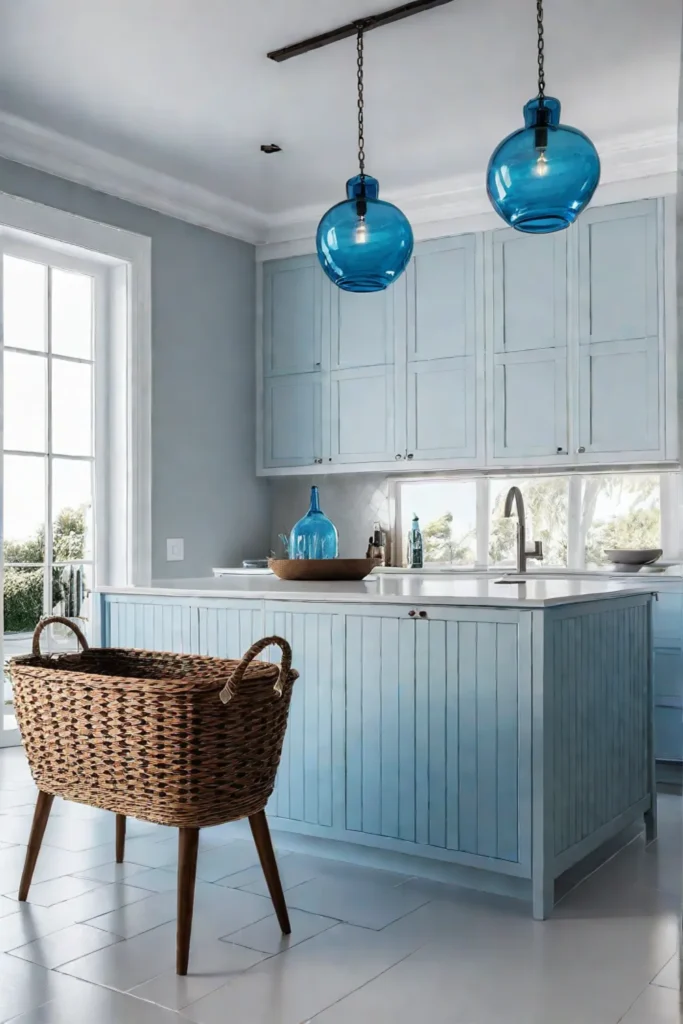 A bright and airy coastal kitchen with soft white walls sheer curtains