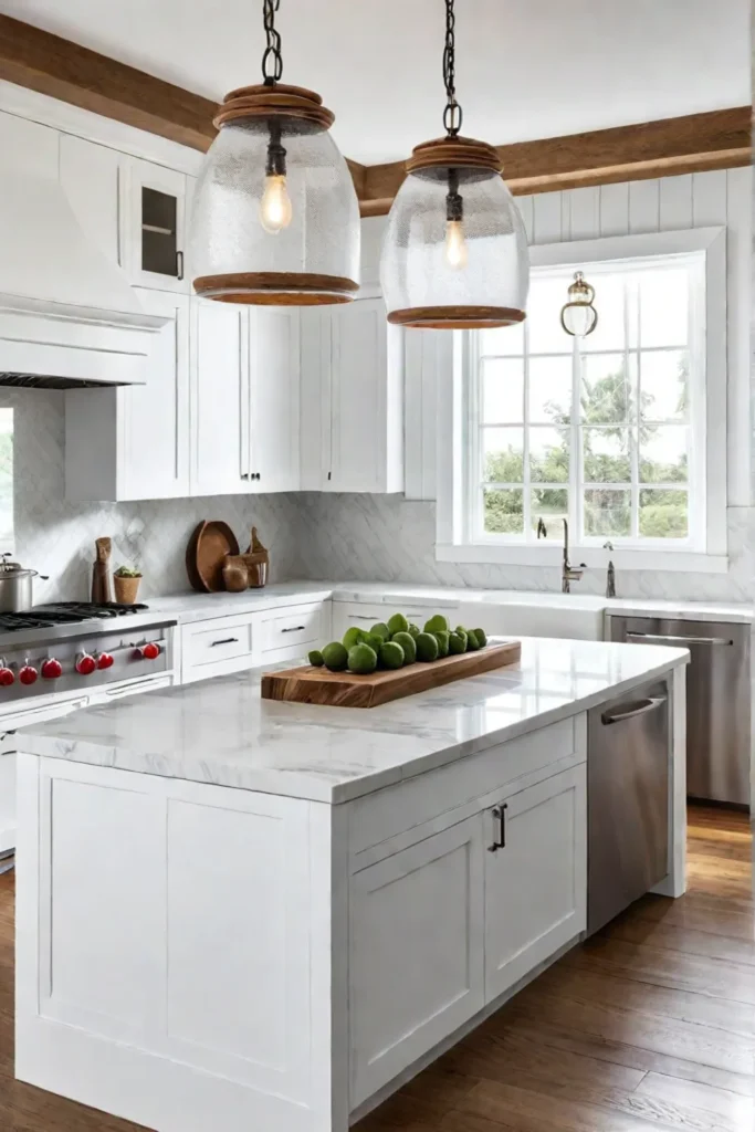 A bright and breezy coastal kitchen with white shakerstyle cabinets natural wood