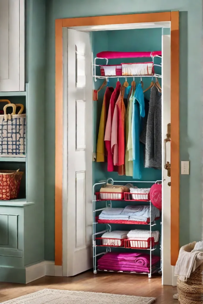 A brightly colored overthedoor organizer filled with laundry room necessities sewing kits_resized