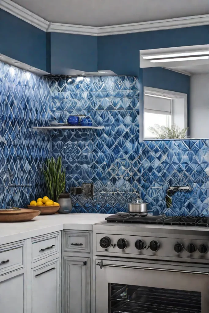 A charming coastal kitchen with a backsplash featuring handpainted tiles in a