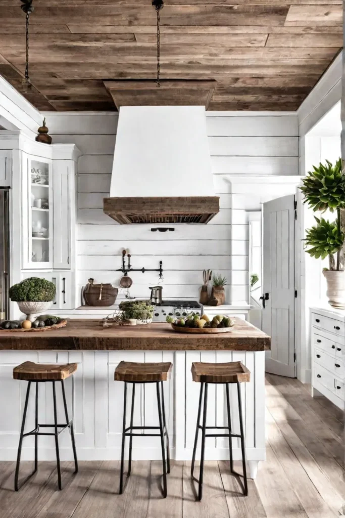 A charming coastal kitchen with a distressed wood island white cabinets and
