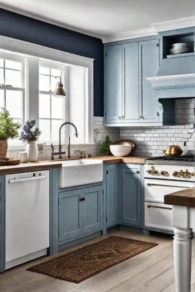 A charming coastal kitchen with a mix of white and blue cabinets