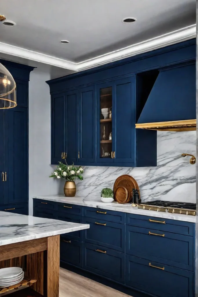 A charming coastal kitchen with a shiplap accent wall navy blue cabinets