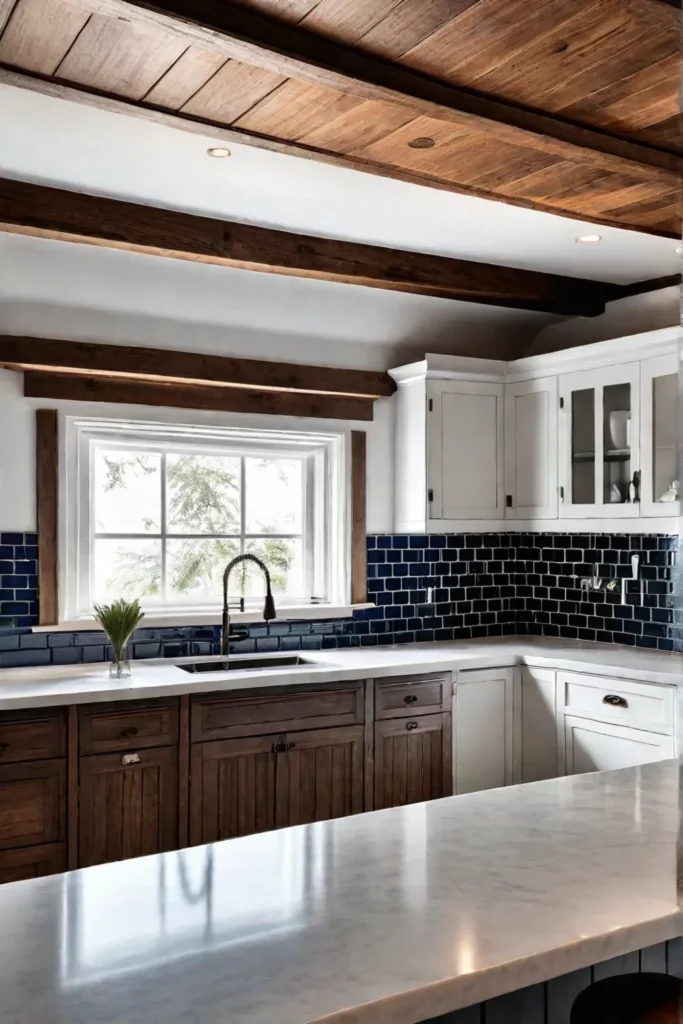 A charming coastal kitchen with exposed beams shakerstyle cabinets and a farmhouseinspired