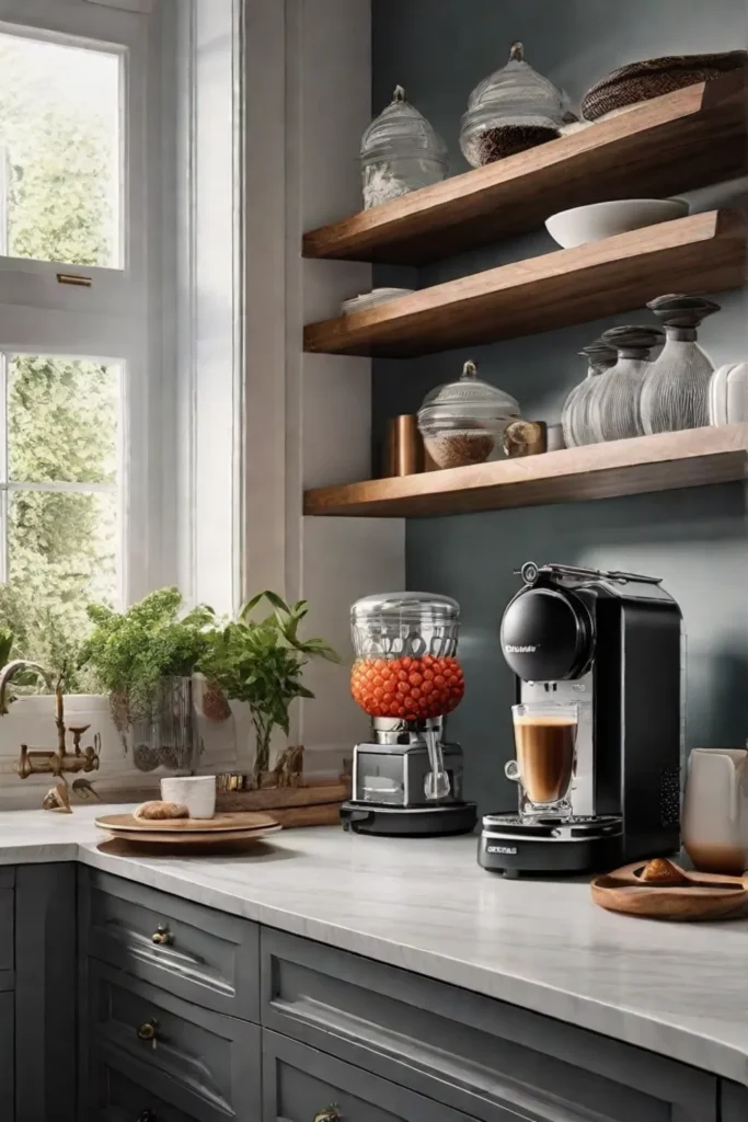 A cleverly designed coffee station on a kitchen countertop featuring a compact