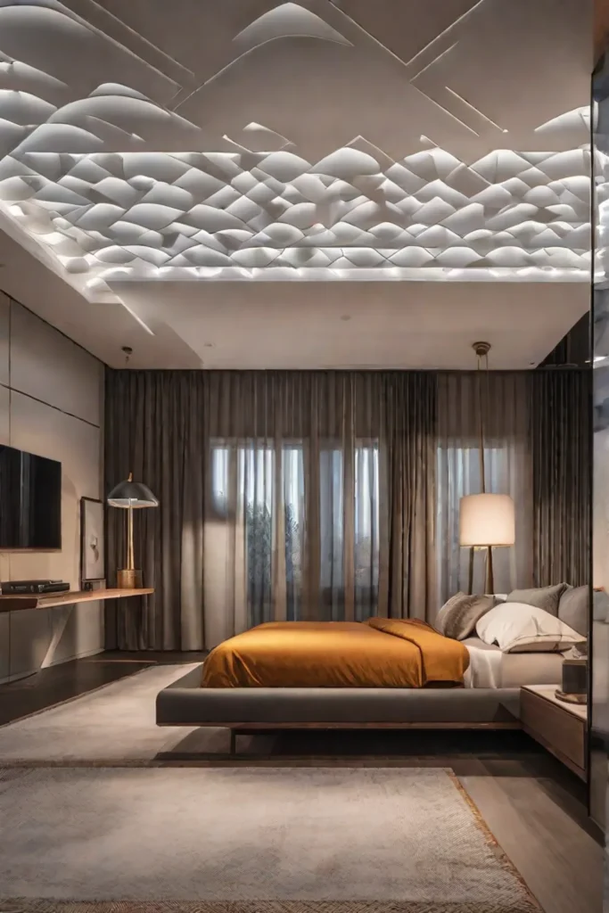 A close view of an intricately designed ceiling with recessed smart lighting